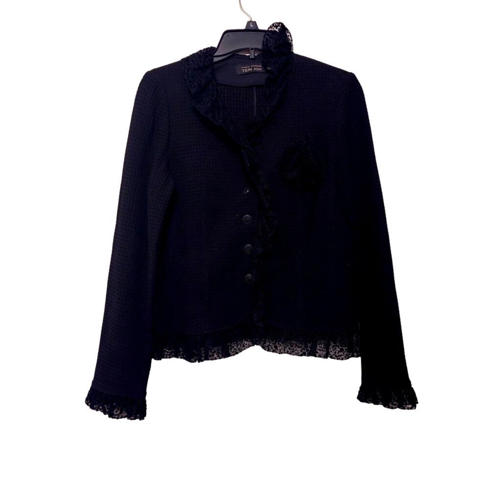 Teri Jon Black Lace-Trim Tweed Jacket